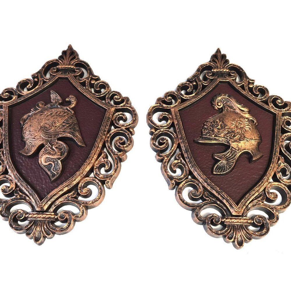 VTG Dart Industries Helmet Wall Plaques Set of 2 Medieval Shield Decor Castlecor